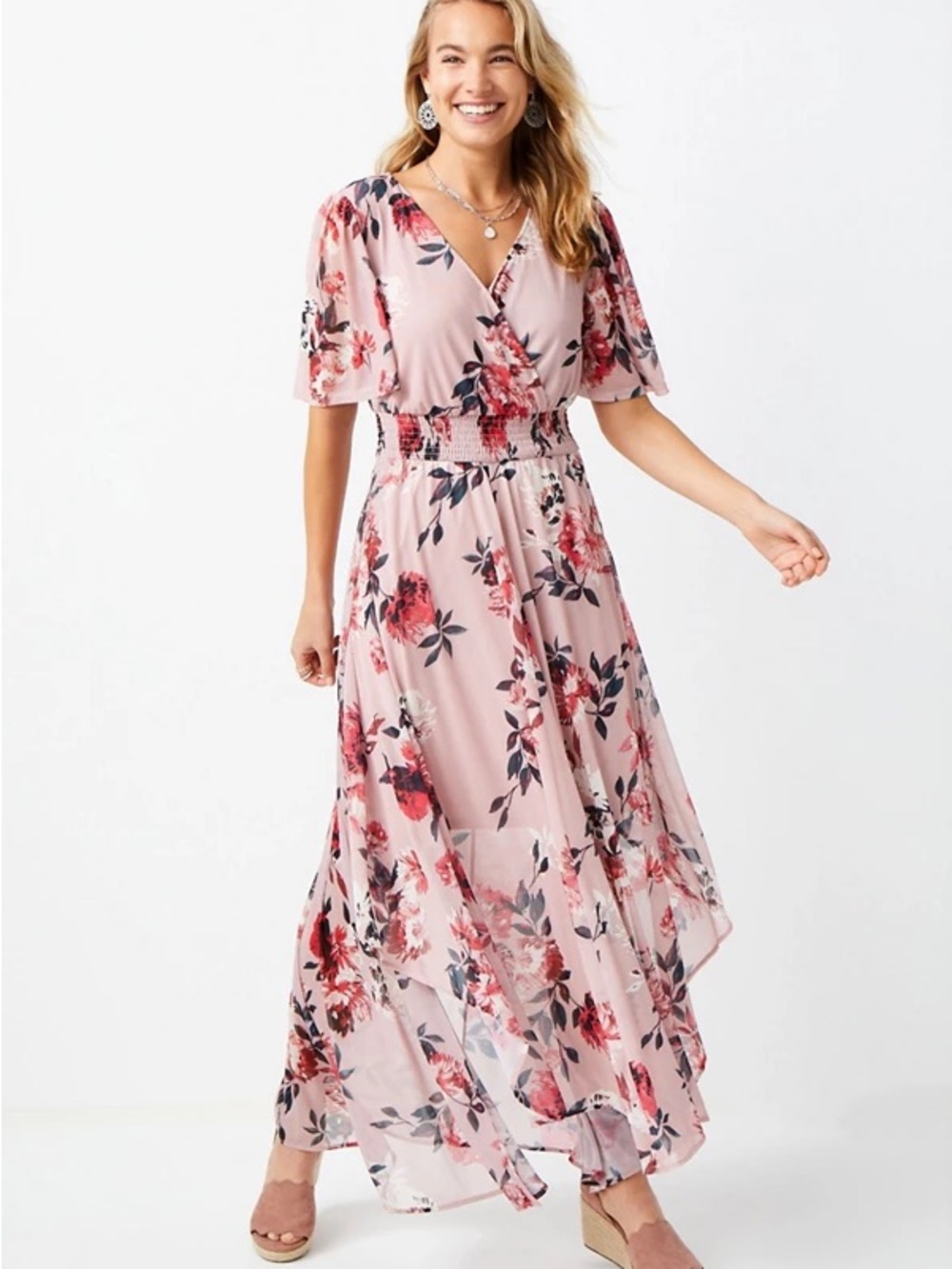 Maurices Pink Floral Wrap Maxi Dress